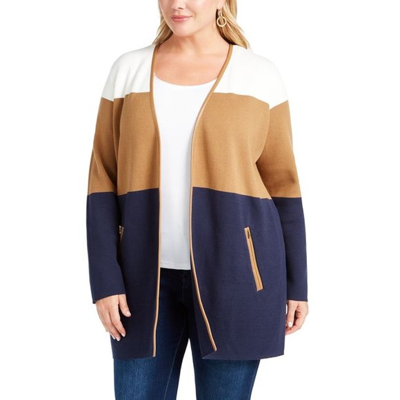 Charter Club Women Plus Opened Long Sleeve Colorblocked Cardigan Sweater Blue - Picture 1 of 8